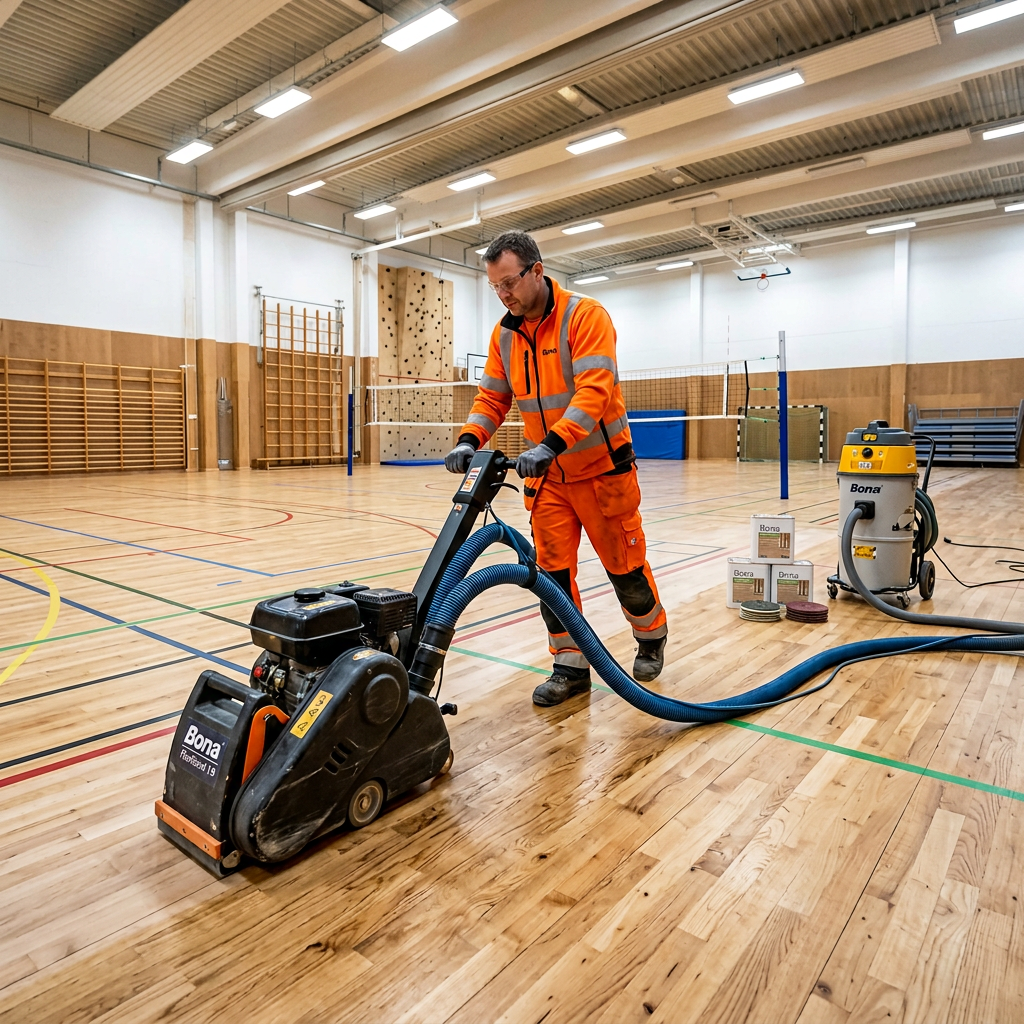 Commercial Sports Hall Floor Sanding Professional tradesman using a Bona Flexisand machine for dust-free sanding on a wooden school sports hall floor.