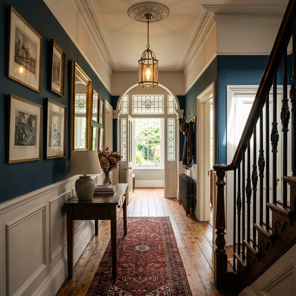 Restored Victorian Pine Floorboards A beautifully restored Victorian hallway featuring original pine floorboards with a warm satin finish.